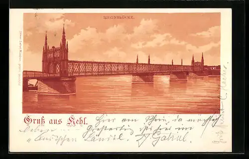 Lithographie Kehl am Rhein, Rheinbrücke