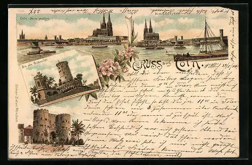 Lithographie Köln, Die alte Bottmühle, Das Hahnentor, Dom und Eisenbahnbrücke