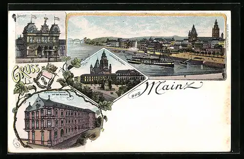 Lithographie Mainz, Bahnhof, Kurfürstliches Schloss mit dem Museum, Dom