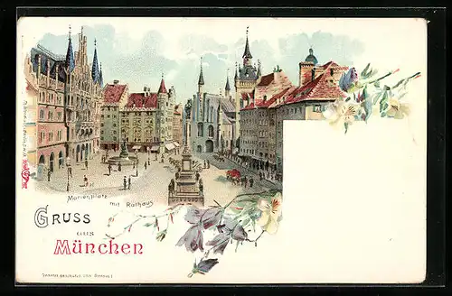 Lithographie München, Marienplatz mit Rathaus