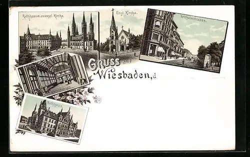 Lithographie Wiesbaden, Engl. Kirche, Wilhelmstrasse, Rathaus mit evangl. Kirche