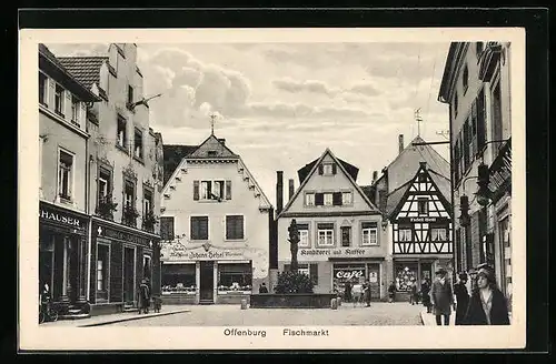 Lithographie Offenburg, Konditorei und Kaffe am Fischmarkt, Metzgerei Johann Hetzel