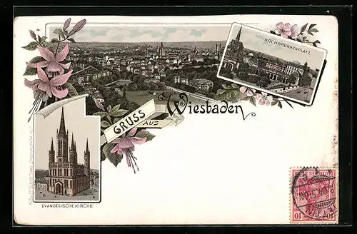 Lithographie Wiesbaden, Evangelische Kirche, Kochbrunnenplatz, Totalansicht