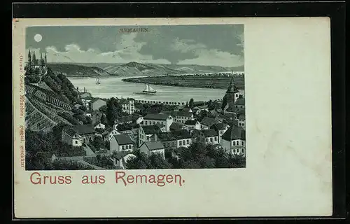 Mondschein-AK Remagen, Totalansicht mit Rhein