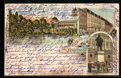 Lithographie Augsburg, Hotel 3 Mohren, Fugger Denkmal, Partie aus dem Stadtgarten