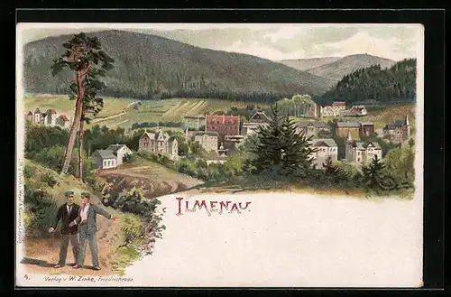Lithographie Ilmenau, Spaziergänger vor den Toren der Stadt