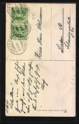 AK Zürich, Ortsansicht mit Ruderpartie und Briefmarken