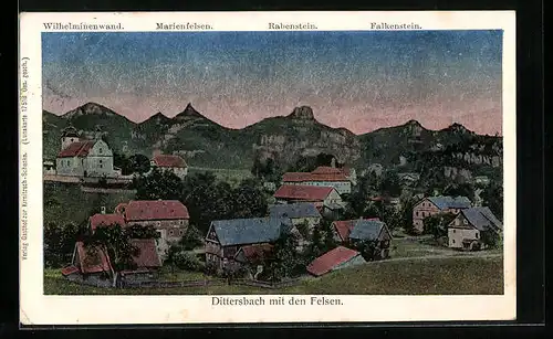 Luna-AK Dittersbach, Panoramablick mit den Felsen