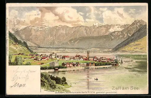 Künstler-AK Otto Strützel: Zell am See, Totalansicht mit Bergen