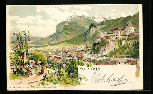 Künstler-AK Karl Heinisch: Kufstein, Ortsansicht mit Berg