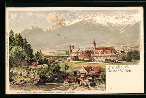 Künstler-AK Otto Strützel: Innsbruck, Kloster Wilten mit Wassermühle und Alpen
