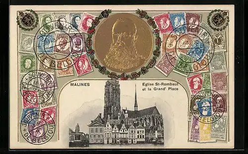 Präge-AK Malines, Eglise St- Rombau et la Grand` Place