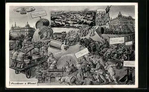 Künstler-AK Plzne, Spolek ku podpore sladku, Zeppelin über der Stadt, Pivo-pad. U Krale Jecminka