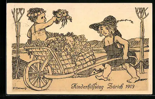 Künstler-AK Zürich, Kinderhilfstag 1913, Kind mit Schubkarre voller Blumen