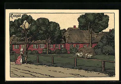 Steindruck-AK Hoyer, Bauernhaus und Kuhweide