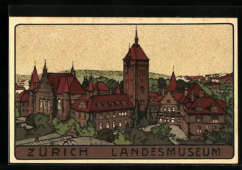 Steindruck-AK Zürich, Darstellung vom Landesmuseum