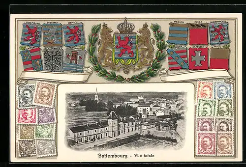 AK Bettembourg, Vue totale, Wappen und Briefmarken