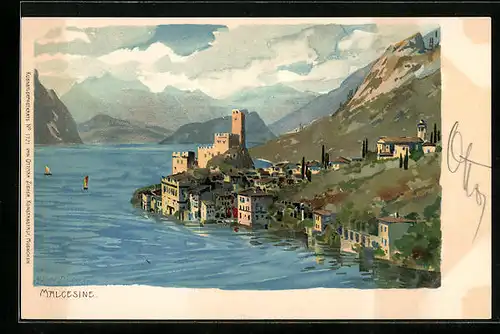 Künstler-Lithographie Zeno Diemer: Malcesine, Blick auf den kleinen Ort am Ufer des Gardasees