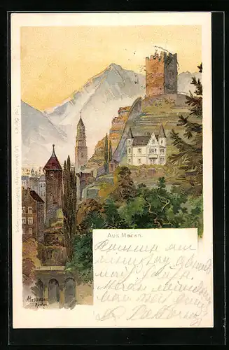 Künstler-AK sign. Hirschmann: Meran, Ortsansicht mit Bergpanorama