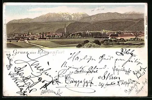 Lithographie Klagenfurt, Ortsansicht aus der Vogelschau