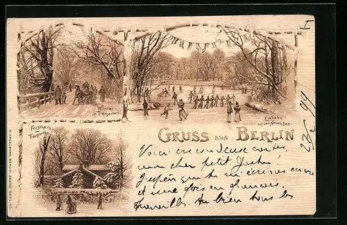Lithographie Berlin, Winter im Tiergarten, Eisbahn auf dem Neuen See, Forsthaus im Tiergarten
