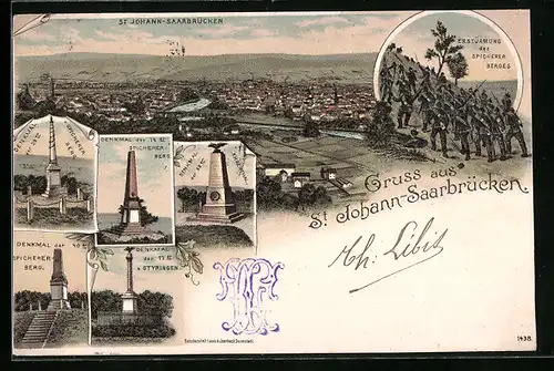 Lithographie Saarbrücken-St. Johann, Spicherer Berg mit Denkmälern