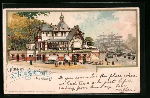 Lithographie Hamburg-St.Pauli, St. Pauli-Fährhaus mit Strassenbahn