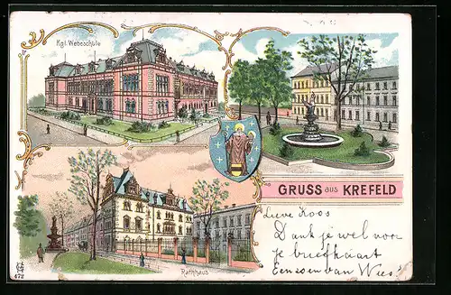 Lithographie Krefeld, Kgl. Webeschule, Rathaus