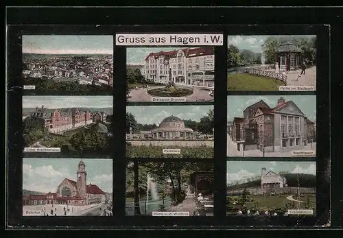 AK Hagen i. W., Parkhaus, Stadttheater, Bahnhof