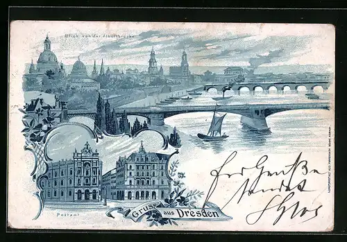 Lithographie Dresden, Blick von der Albertbrücke, Postamt