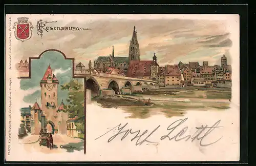 Lithographie Regensburg, Ortsansicht und Ostentor