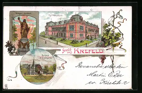 Lithographie Krefeld, Kgl. Webeschule, Krieger-Denkmal, Kurhaus im Stadtgarten