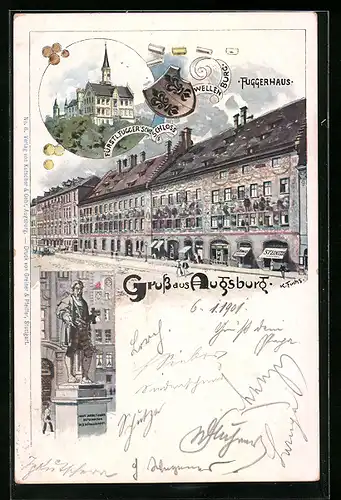 Lithographie Augsburg, Fuggerhaus, Schloss, Fugger-Denkmal