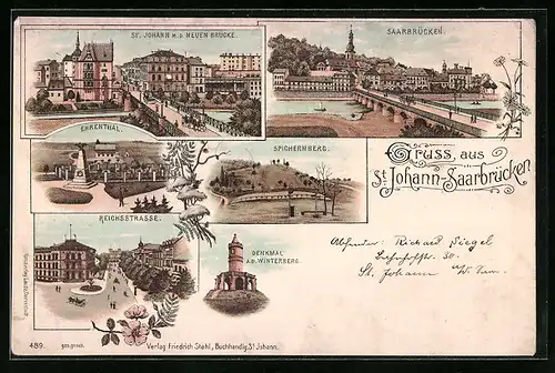 Lithographie Saarbrücken-St. Johann, Neue Brücke, Spichernberg, Reichsstrasse
