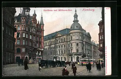 AK Hamburg-Neustadt, Stadthaus und Millionen-Bau mit Strassenbahnen