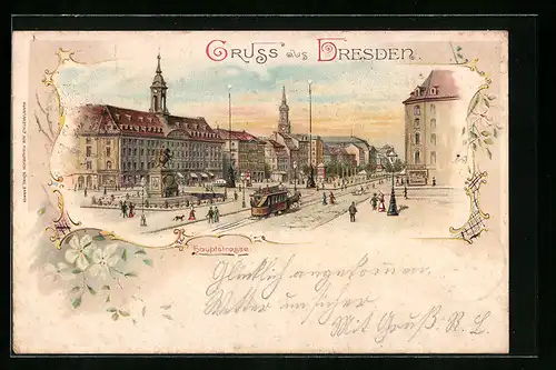 Lithographie Dresden, Hauptstrasse mit Denkmal und Strassenbahn