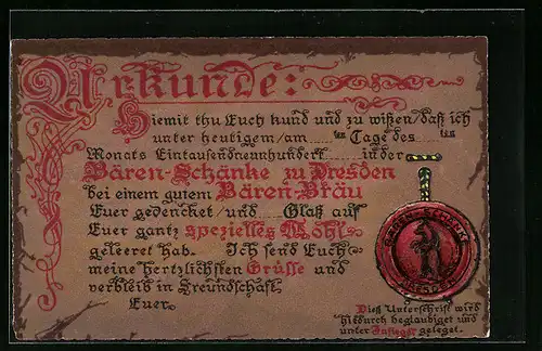 Präge-Künstler-AK Dresden, Gasthaus Bären-Schänke, Urkunde mit Siegel