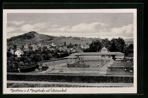 AK Bensheim a. d. Bergstrasse, Teilansicht mit Schwimmbad