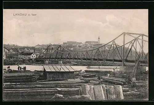 AK Landau a. Isar, Uferpartie mit Kirche und Brücke