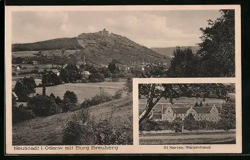 AK Neustadt i. Odenw., St. Marien-Waisenhaus, Panorama mit Burg Breuberg