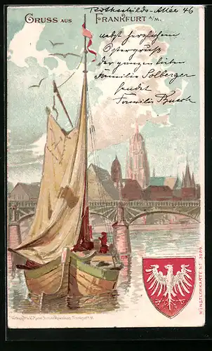 Lithographie Frankfurt a.M., Flusspartie mit Segelboot