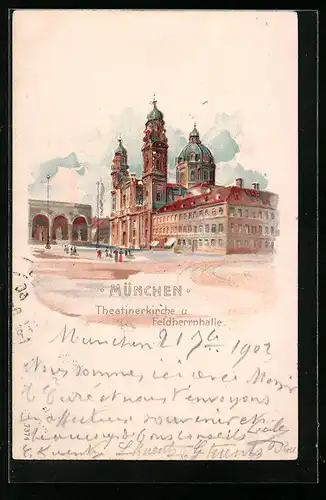 Lithographie München, Theatinerkirche und Feldherrnhalle