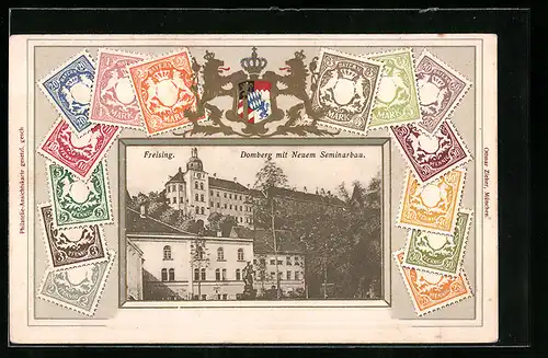 Präge-AK Freising, Domberg mit Neuem Seminarbau, Briefmarken, Wappen