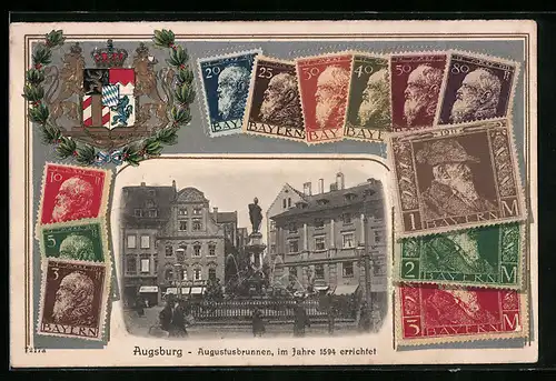 Präge-AK Augsburg, Augustusbrunnen im Jahre 1594 errichtet, Briefmarken, Wappen