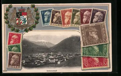 Präge-AK Immenstadt, Totalansicht des Ortes, Briefmarken, Wappen