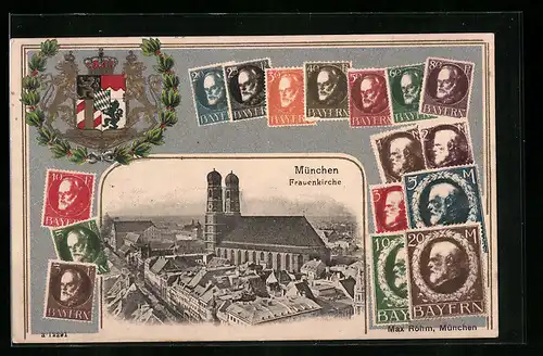 Präge-AK München, Ansicht der Frauenkirche, Briefmarken, Wappen
