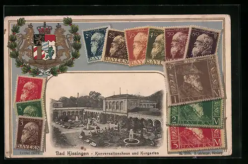 Präge-AK Bad Kissingen, Konversationshaus und Kurgarten, Briefmarken und Wappen, Passepartout