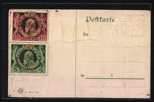 Präge-AK Bad Kissingen, Konversationshaus und Kurgarten, Briefmarken und Wappen, Passepartout