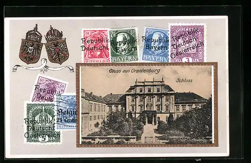 Präge-AK Oranienburg, Ansicht vom Schloss, Briefmarken, Wappen