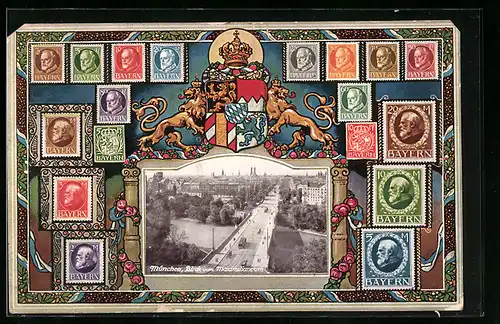 AK München, Blick vom Maximilaneum, Briefmarken, Wappen